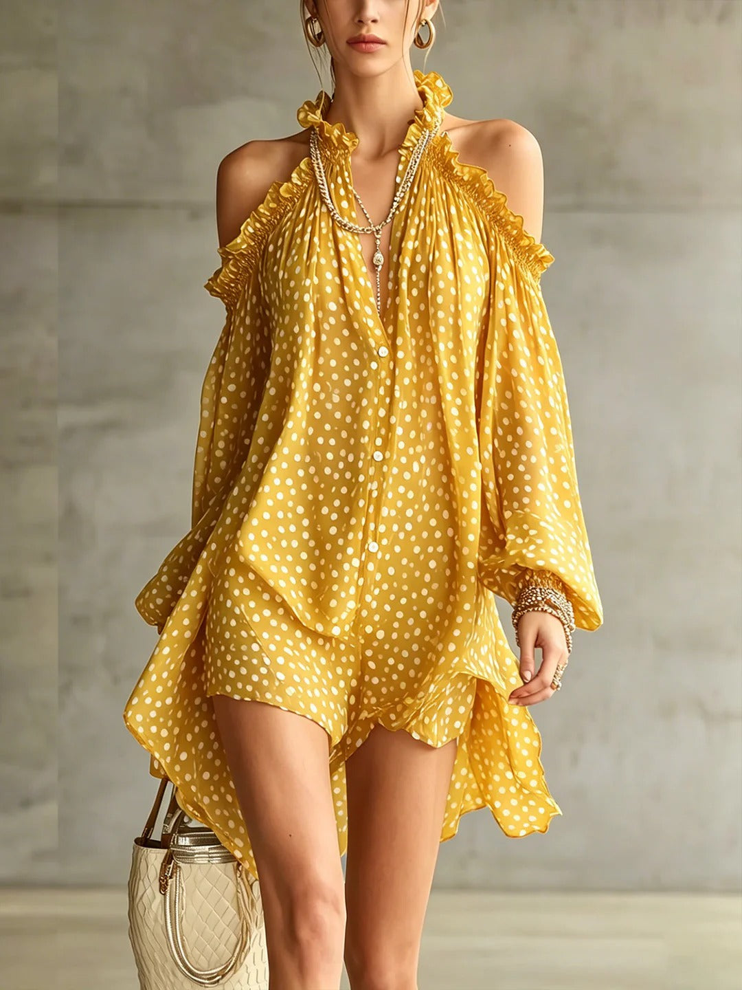 Green Polka Dot Cold Shoulder Mini-Length Dress With Ruffled Neckline