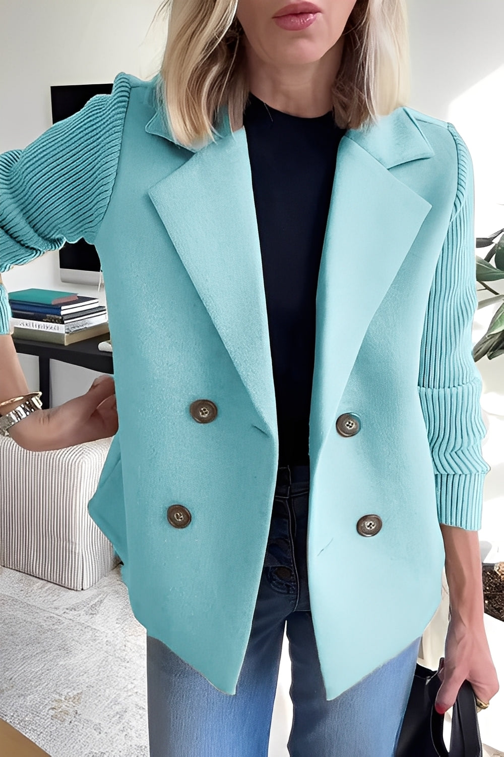 Women's Double-Breasted Wool Blend Short Coat with Ribbed Knit Sleeves – Elegant Tailored Outerwear for Office and Autumn Winter Styling