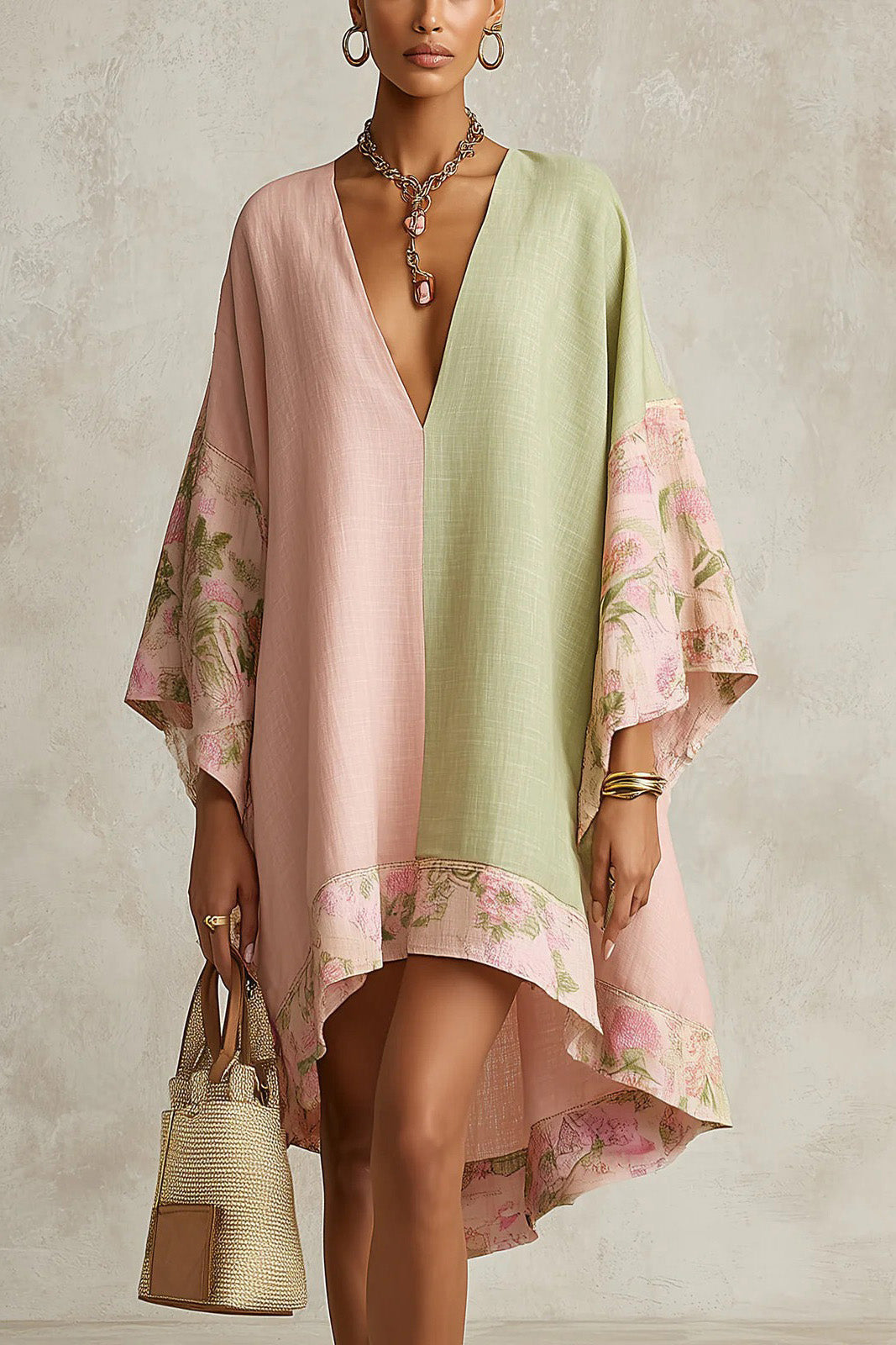 Color Block Flower Print Soft Kaftan Dress