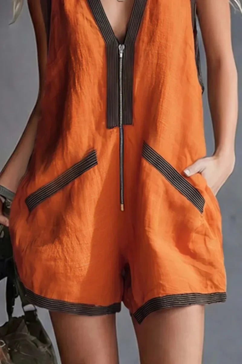 Modern Vibrant Orange Short Jumpsuit V-Neck Striped Trim Romper