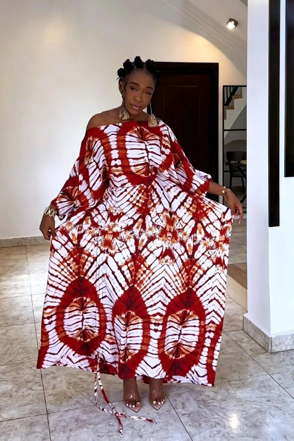 Radial Pattern Off-Shoulder Maxi-Length Dress