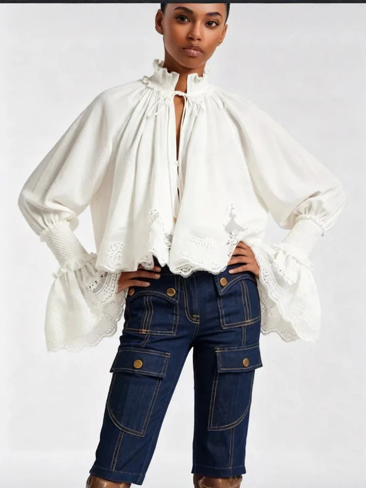 Modern Lace-Trim Poet Sleeve Cotton Blouse