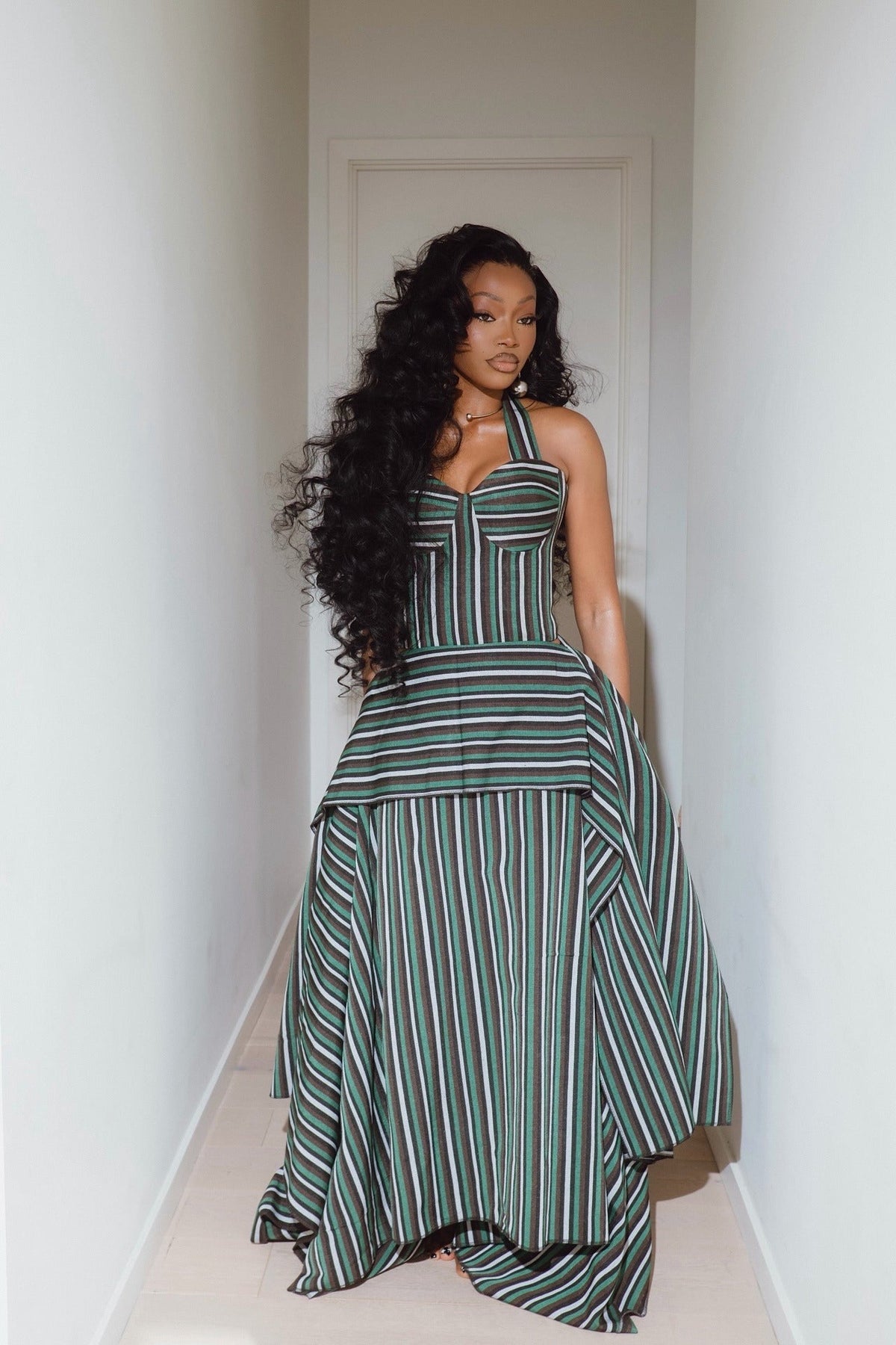 Modern Green Striped Asymmetric High-Low Skirt