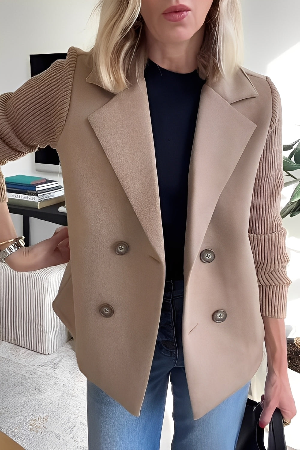 Women's Double-Breasted Wool Blend Short Coat with Ribbed Knit Sleeves – Elegant Tailored Outerwear for Office and Autumn Winter Styling