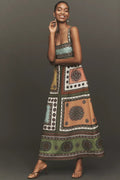 Patchwork Geometric Print Strap Midi-Length Dress