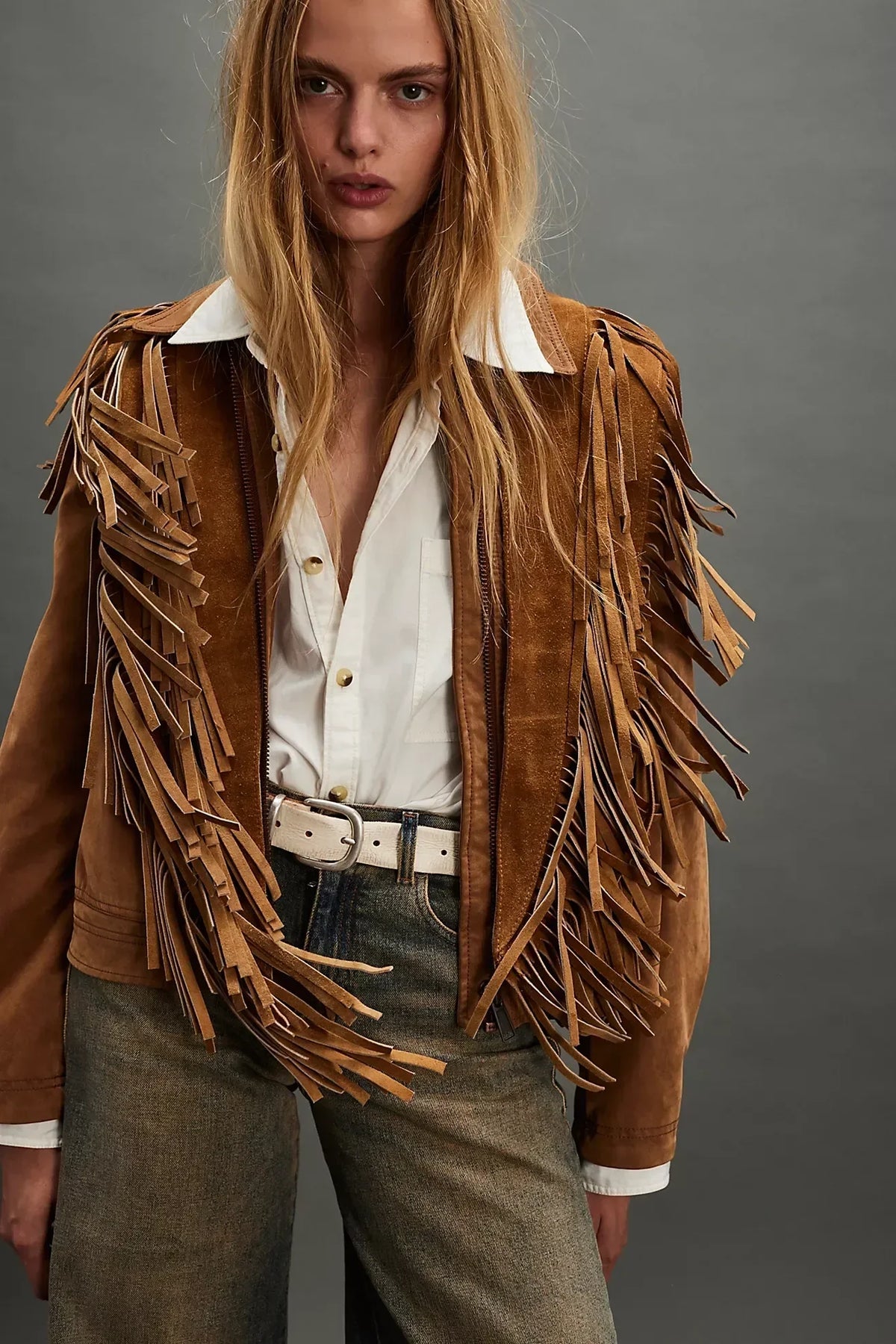 Modern Low-Profile Wide-Eye Suede Fringe Top