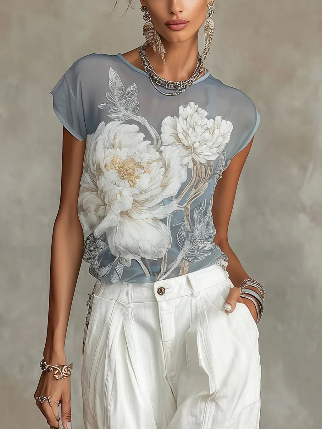 Blue Flower Chiffon Blouse