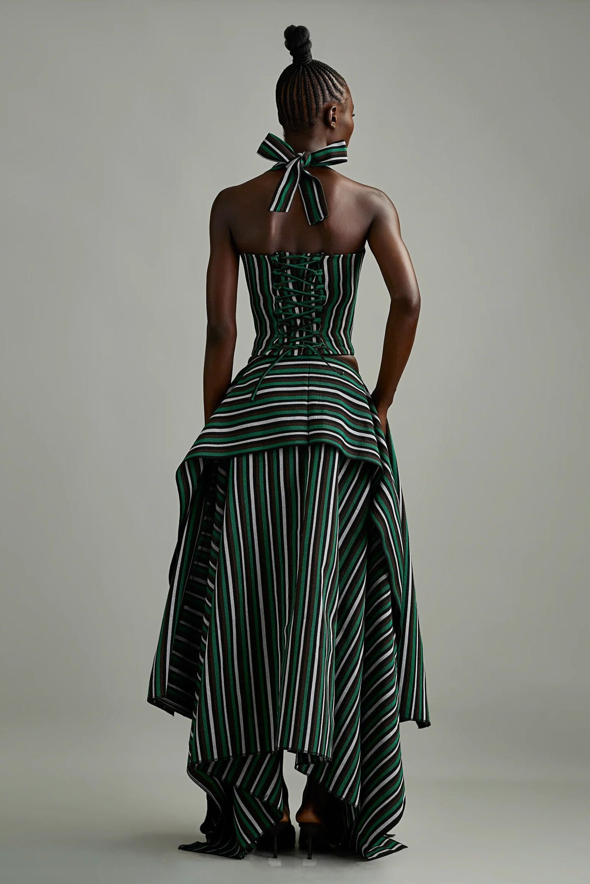 Modern Green Striped Asymmetric High-Low Skirt