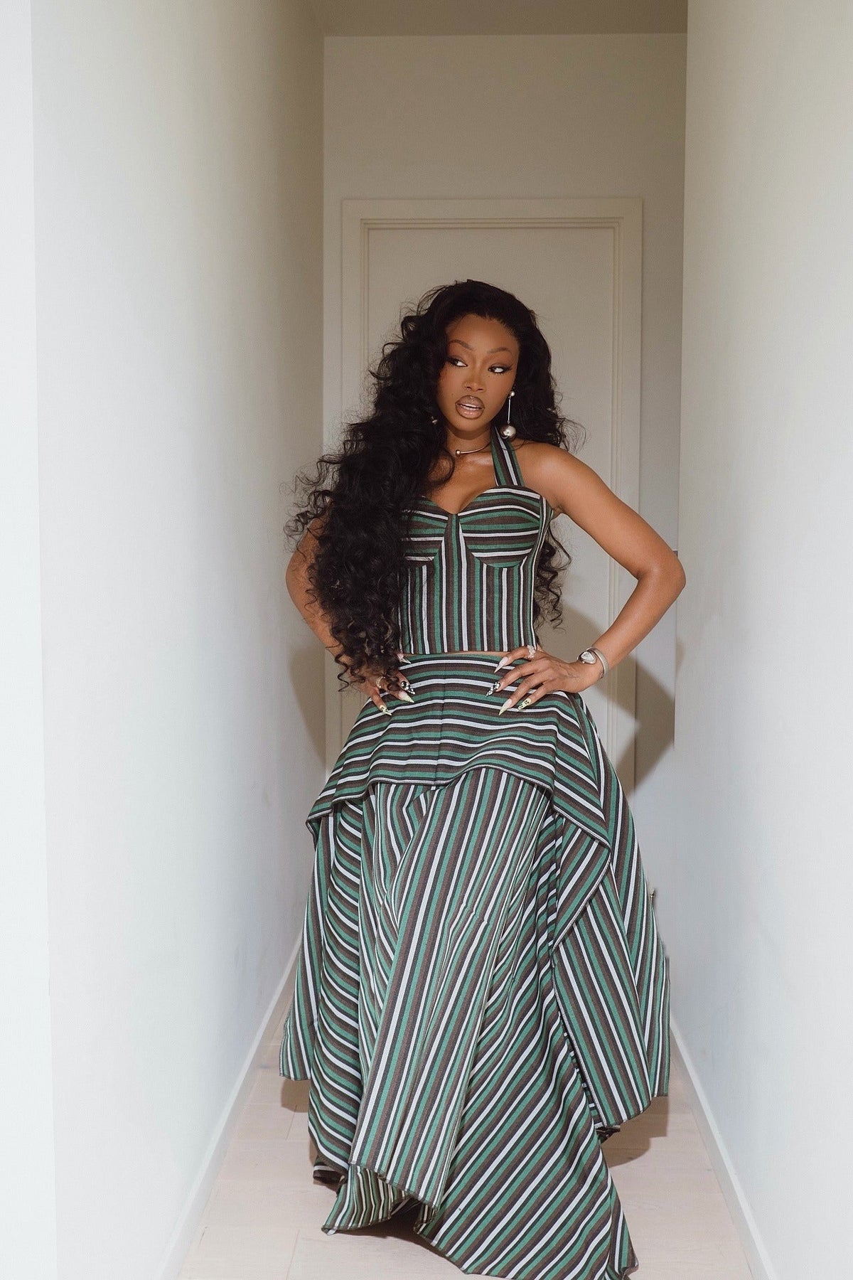 Modern Green Striped Asymmetric High-Low Skirt