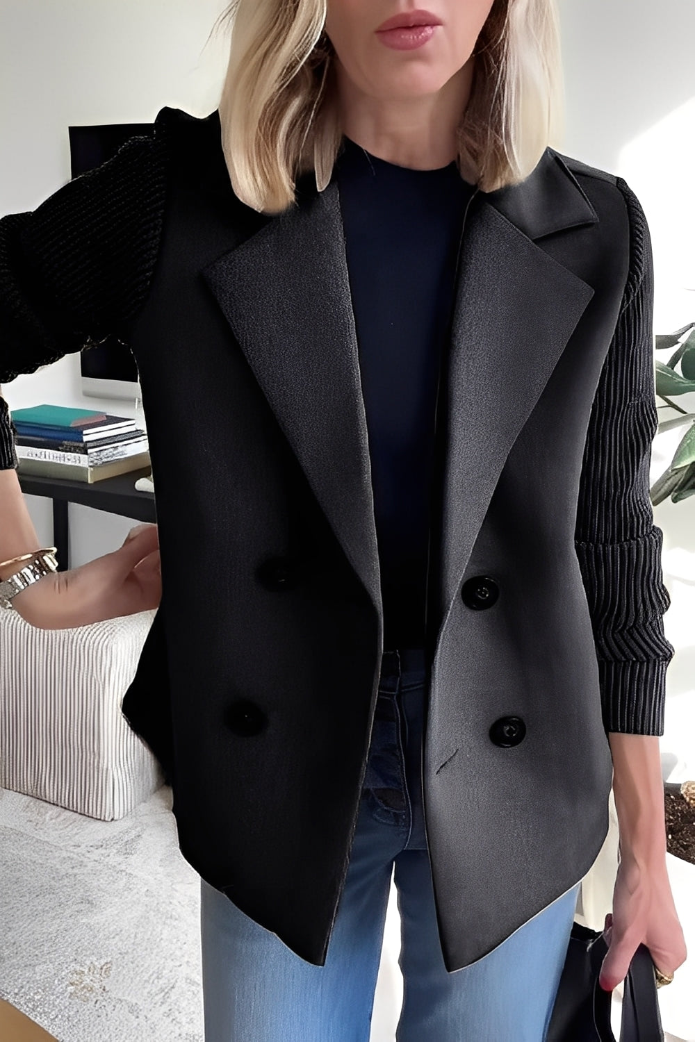 Women's Double-Breasted Wool Blend Short Coat with Ribbed Knit Sleeves – Elegant Tailored Outerwear for Office and Autumn Winter Styling