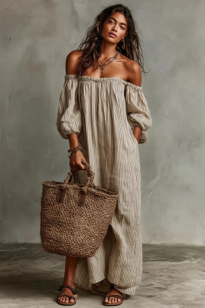 Beige Stripe Off-Shoulder Linen-Blend Maxi-Length Dress