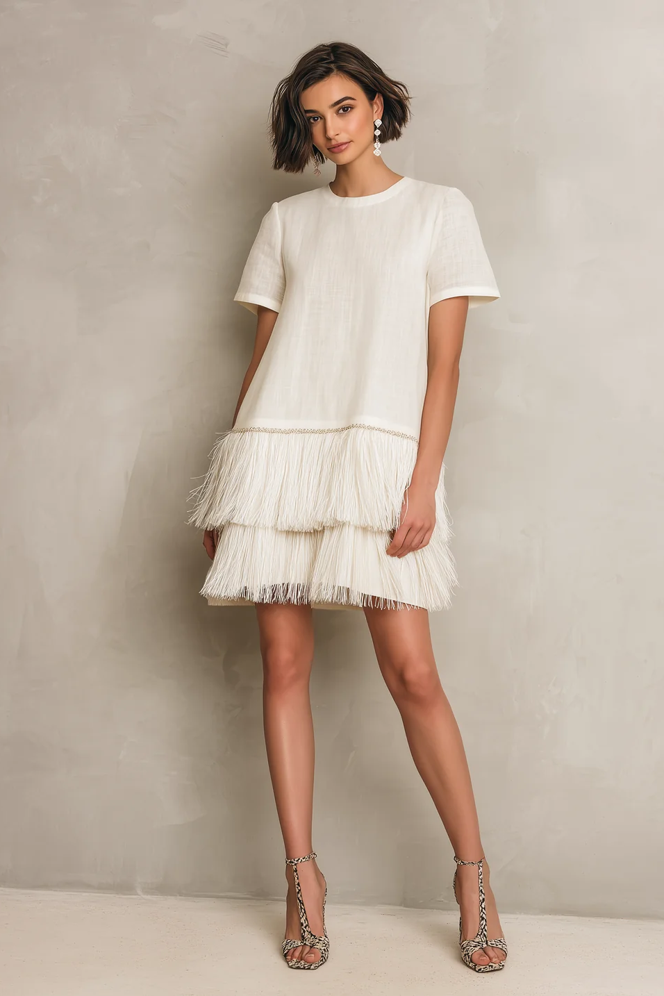 Clean-Lined Fringe Hem Mini-Length Dress