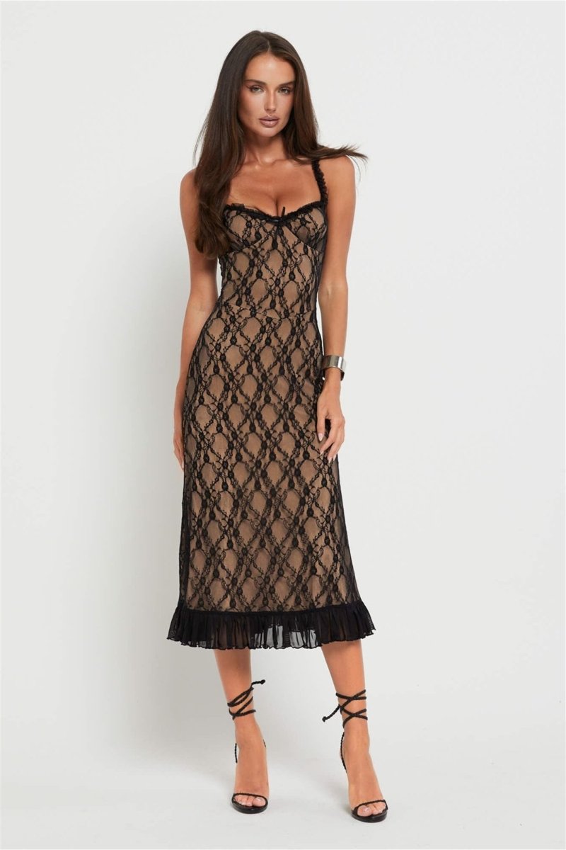 Ina Flower Lace Ruffled Midi-Length Dress