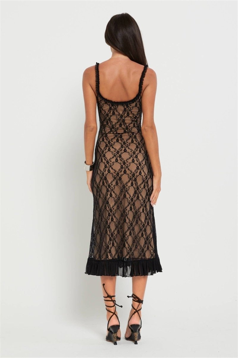Ina Flower Lace Ruffled Midi-Length Dress