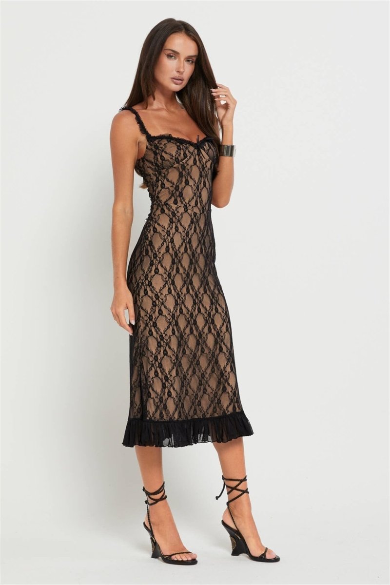 Ina Flower Lace Ruffled Midi-Length Dress