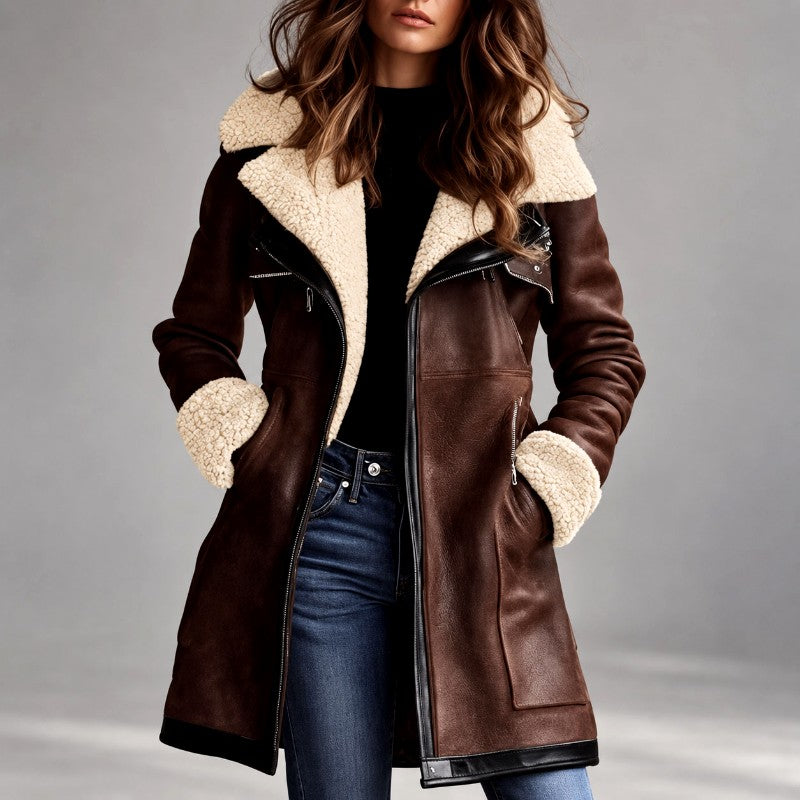 Jeanette - Women’s Faux Suede Shearling Long Coat