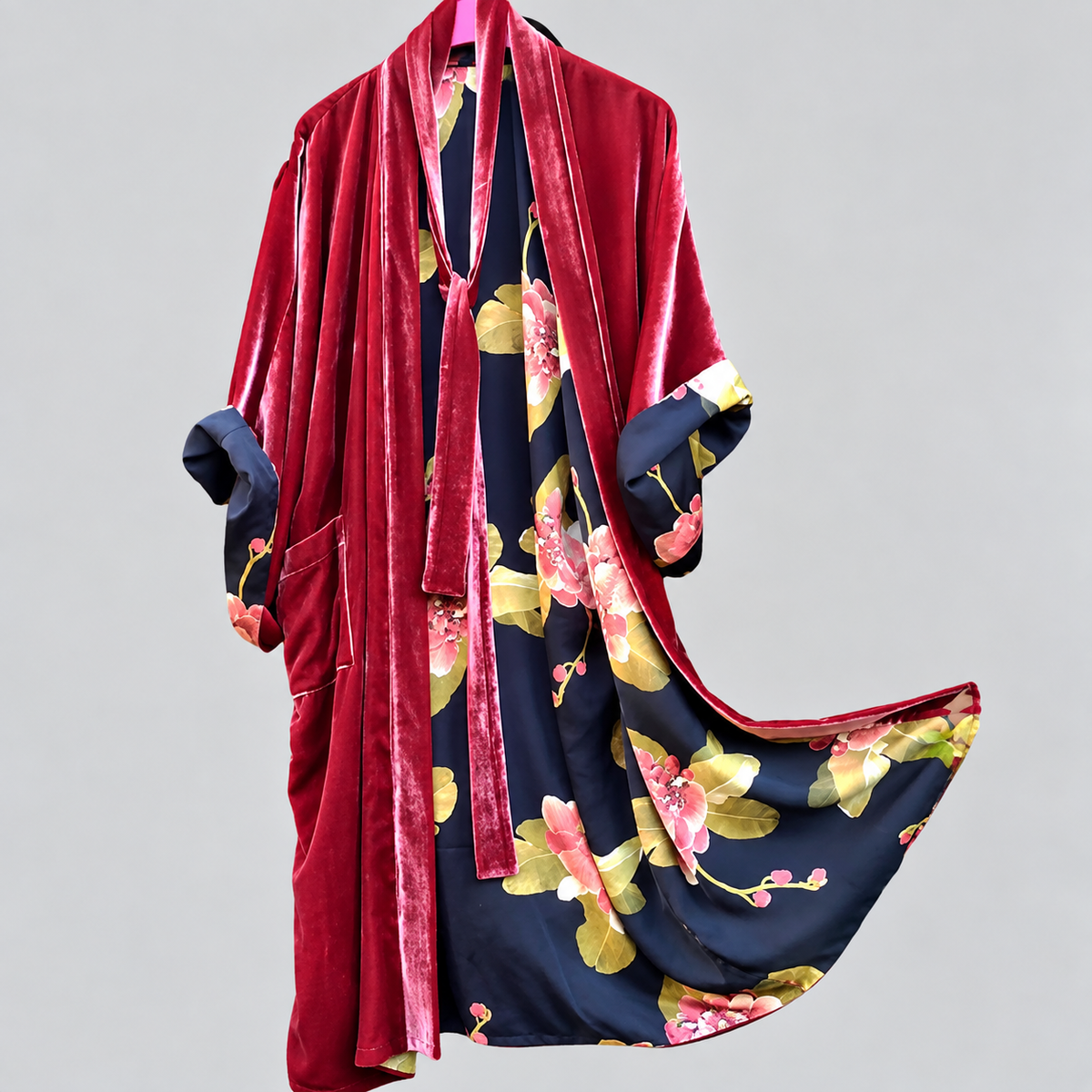 Josephine - Women's Velvet-Collar Floral Satin Cardigan Robe