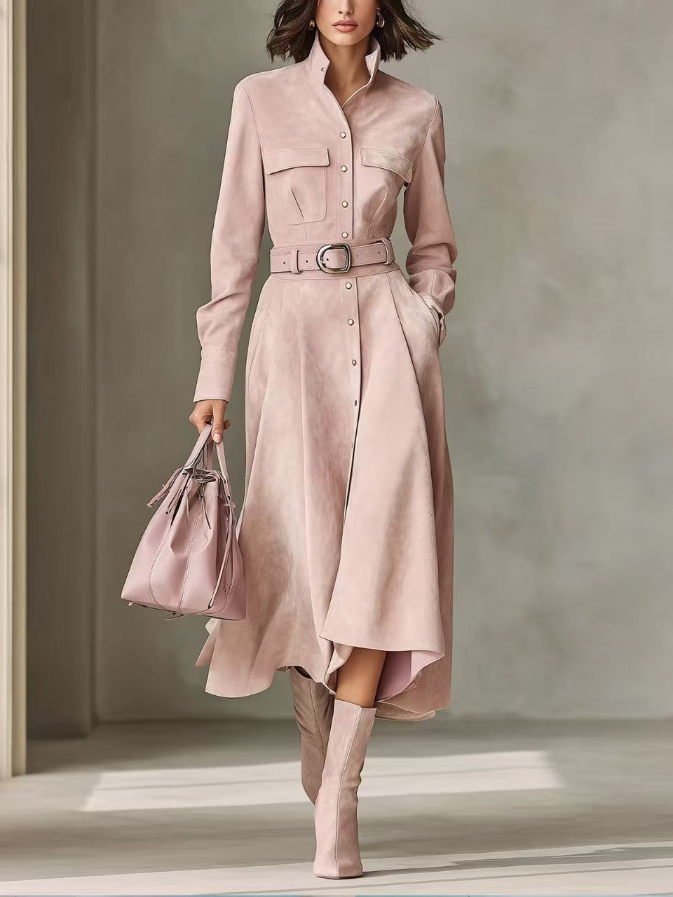 Joyce - Women's Faux Suede Belted Button-Down Shirt Dress