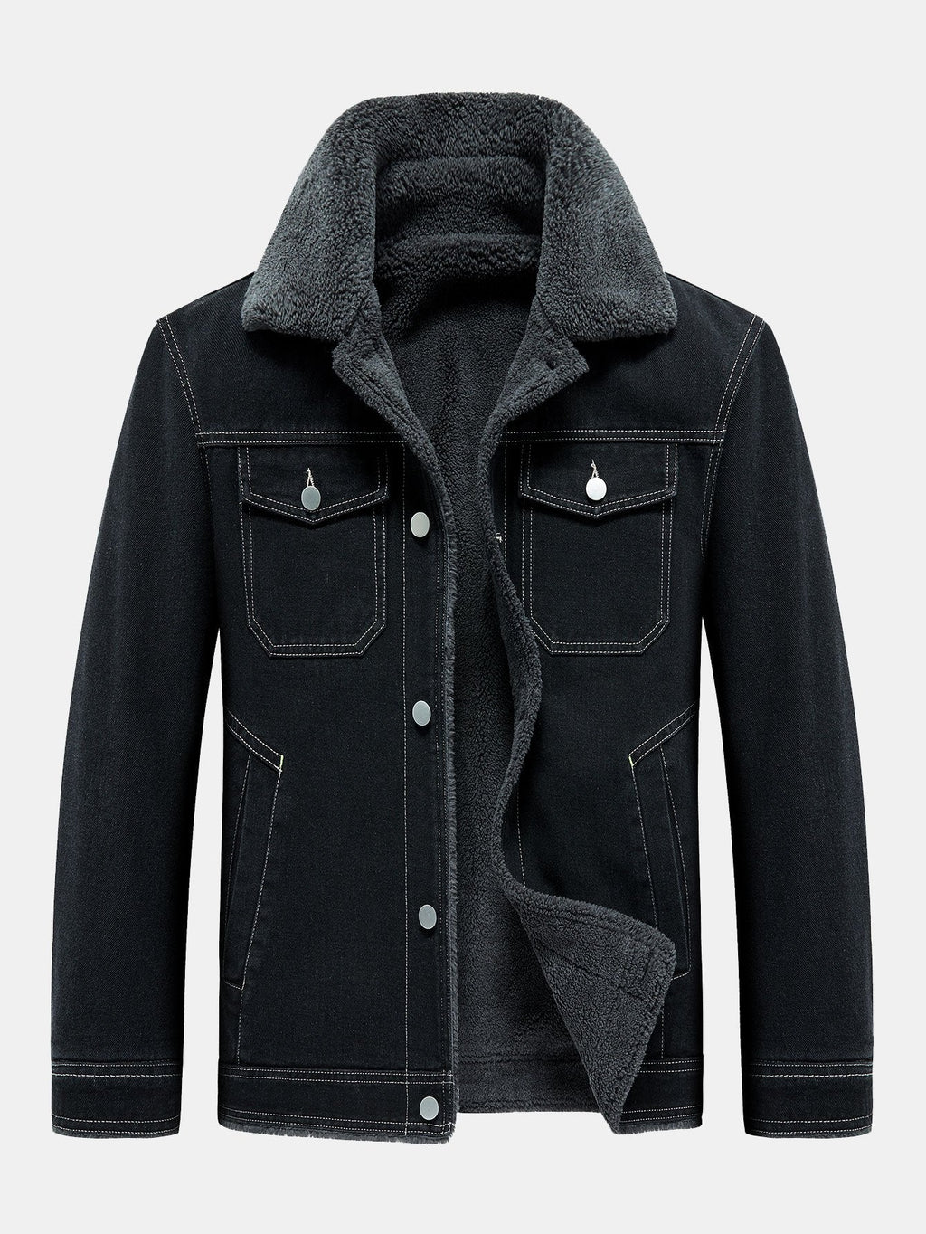 Men's Borg-Lined Denim Jacket – Vintage Washed Button-Up Winter Outerwear with Sherpa Collar and Utility Pockets