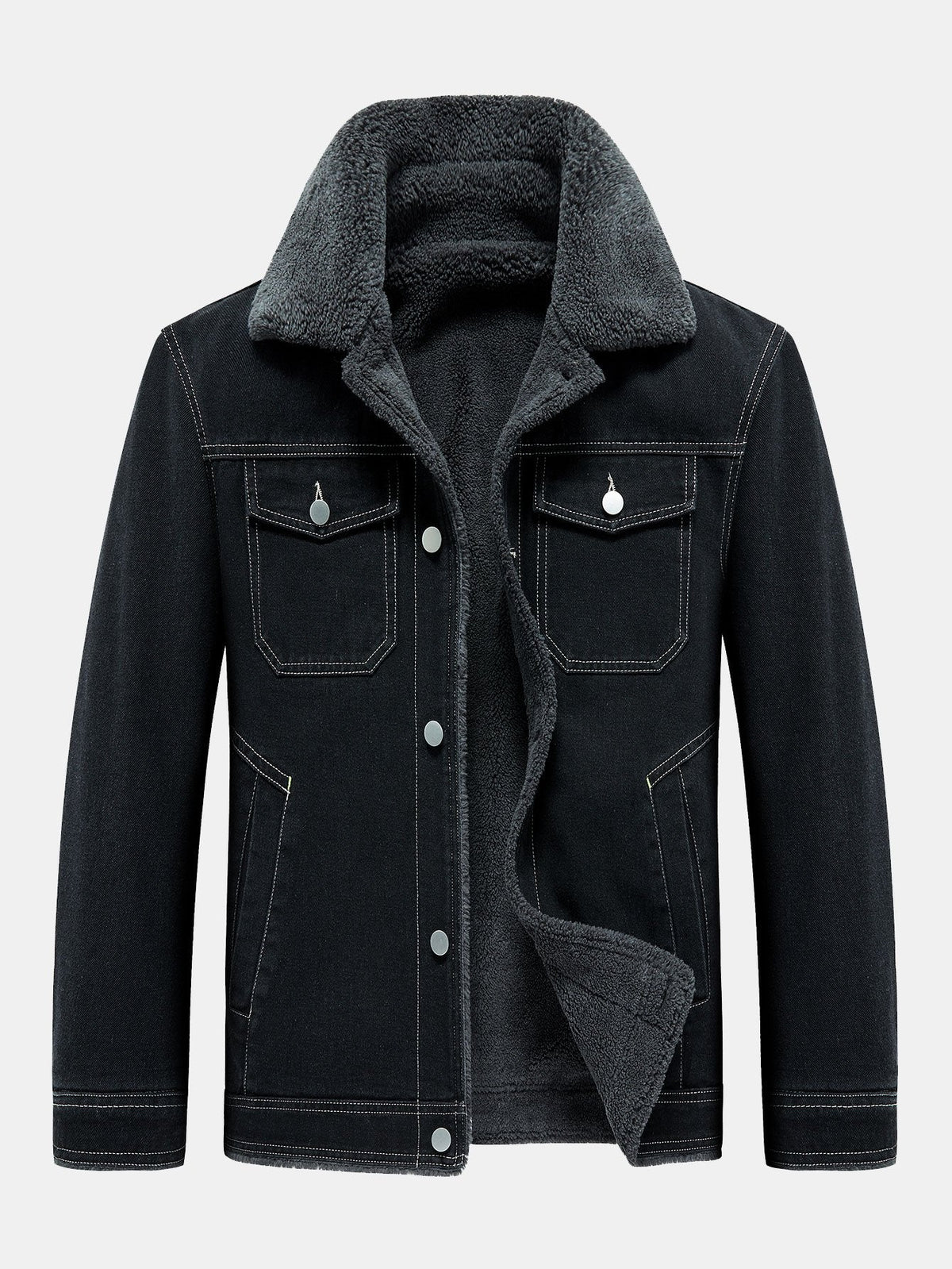 Men's Borg-Lined Denim Jacket – Vintage Washed Button-Up Winter Outerwear with Sherpa Collar and Utility Pockets
