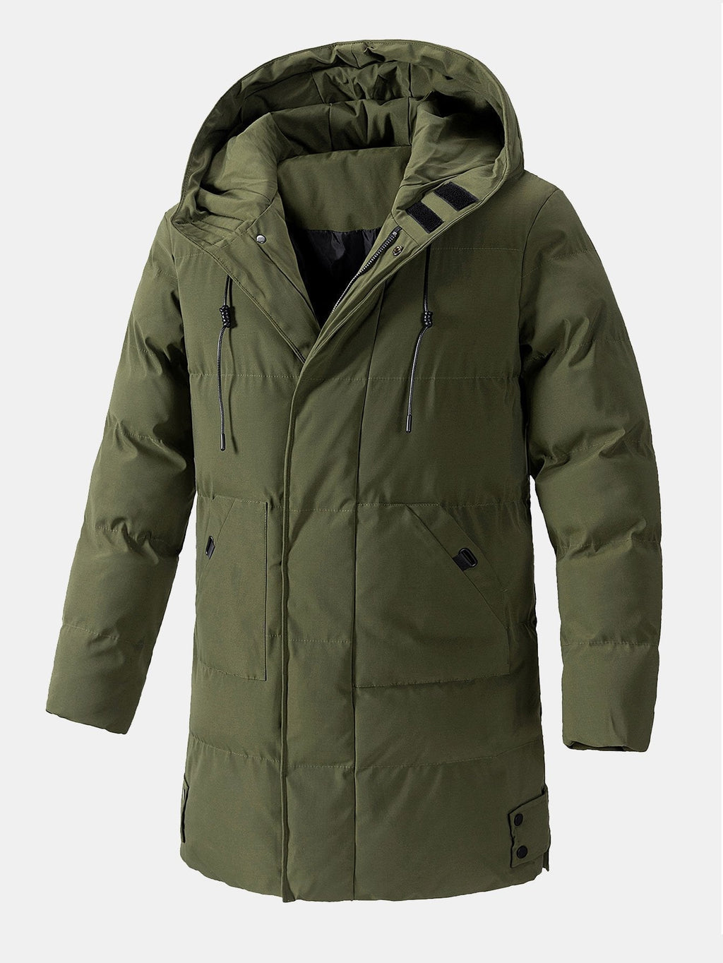 Men's Long Hooded Puffer Parka Coat – Warm Padded Winter Outerwear with Drawstring Hood and Practical Pockets
