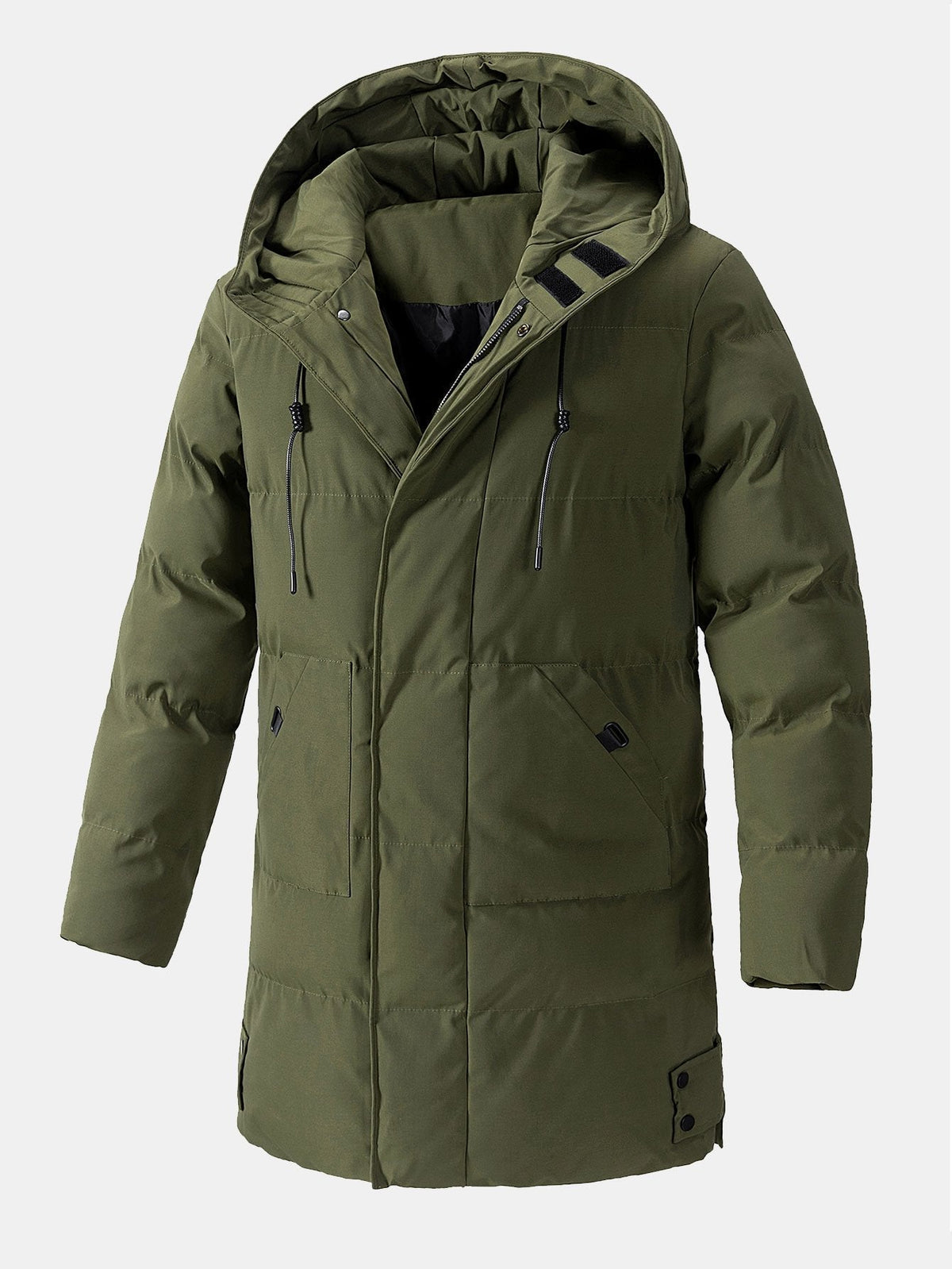 Men's Long Hooded Puffer Parka Coat – Warm Padded Winter Outerwear with Drawstring Hood and Practical Pockets