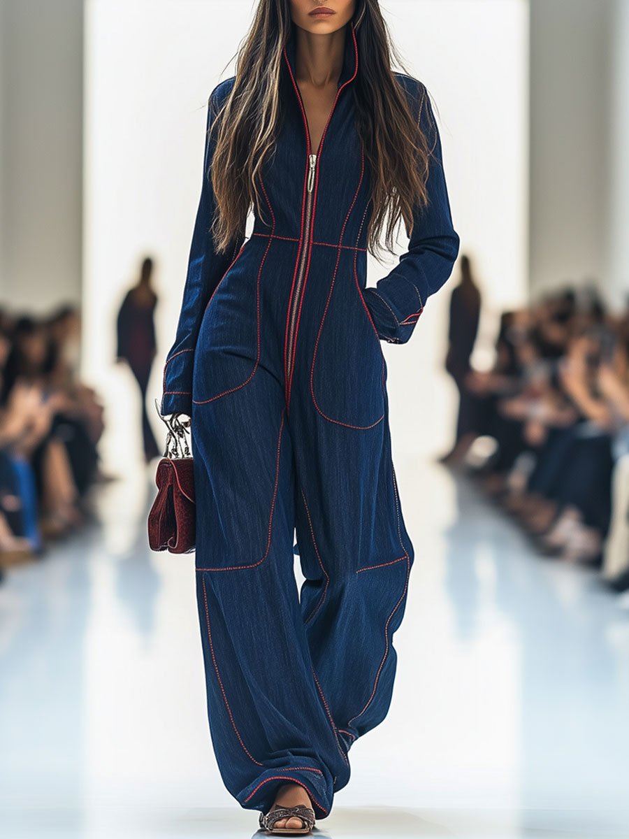 Relaxed Loose Retro Dark Blue Red-Topstitched Denim Wide-Leg Long Sleeve Jumpsuit