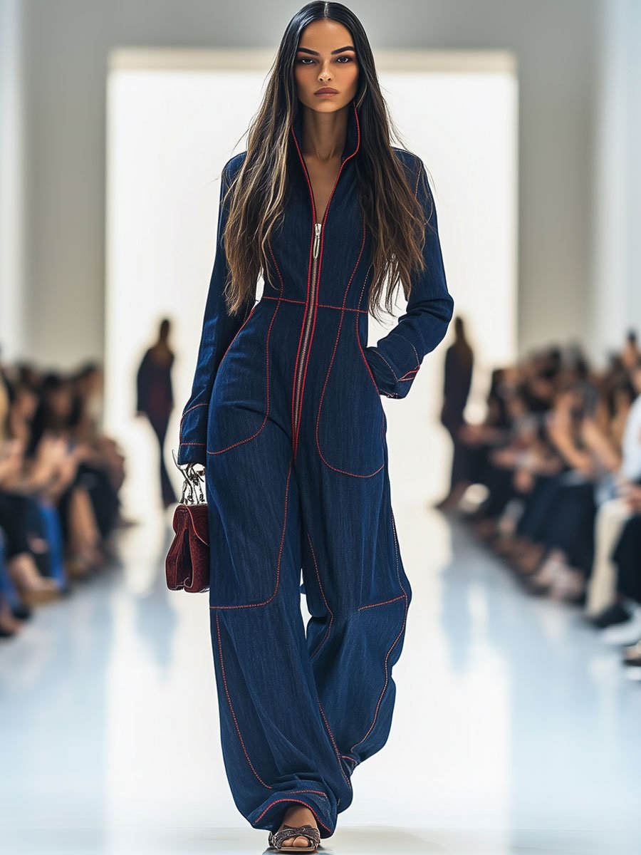 Relaxed Loose Retro Dark Blue Red-Topstitched Denim Wide-Leg Long Sleeve Jumpsuit