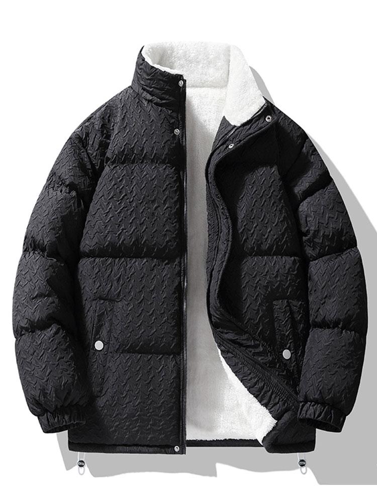 Men's Textured Jacquard Puffer Jacket with Teddy Fleece Lining – Warm High Collar Winter Outerwear