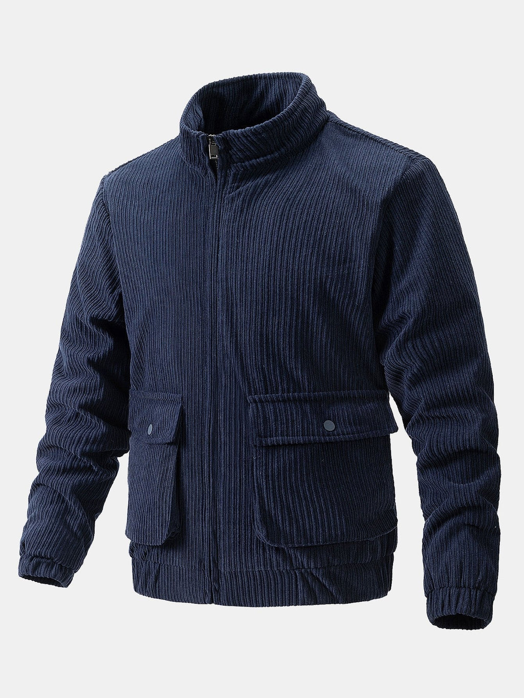 Men's Corduroy Funnel Neck Jacket – Textured Zip-Up Casual Outerwear with Utility Pockets for Autumn and Winter