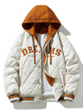Men's Quilted Hooded Varsity Jacket – Warm Diamond Padded Baseball Outerwear with Contrast Hood and Striped Ribbed Trims