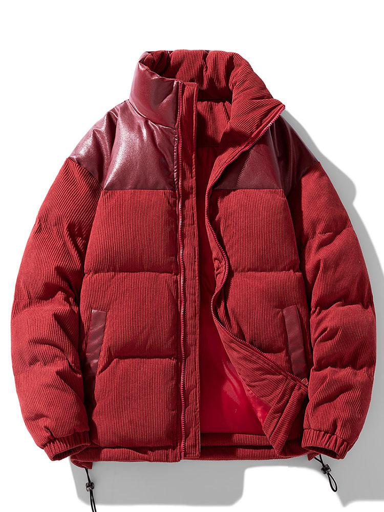 Men's Padded Corduroy Puffer Jacket – High Collar Zip-Up Winter Coat with Contrast Panels and Adjustable Hem