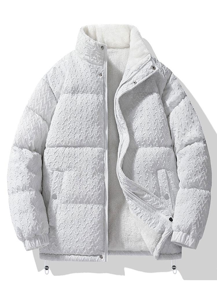 Men's Textured Jacquard Puffer Jacket with Teddy Fleece Lining – Warm High Collar Winter Outerwear