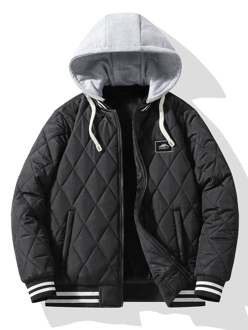 Men's Teddy-Lined Quilted Bomber Jacket – Diamond Stitched Winter Outerwear with Detachable Drawstring Hood and Striped Ribbed Trims
