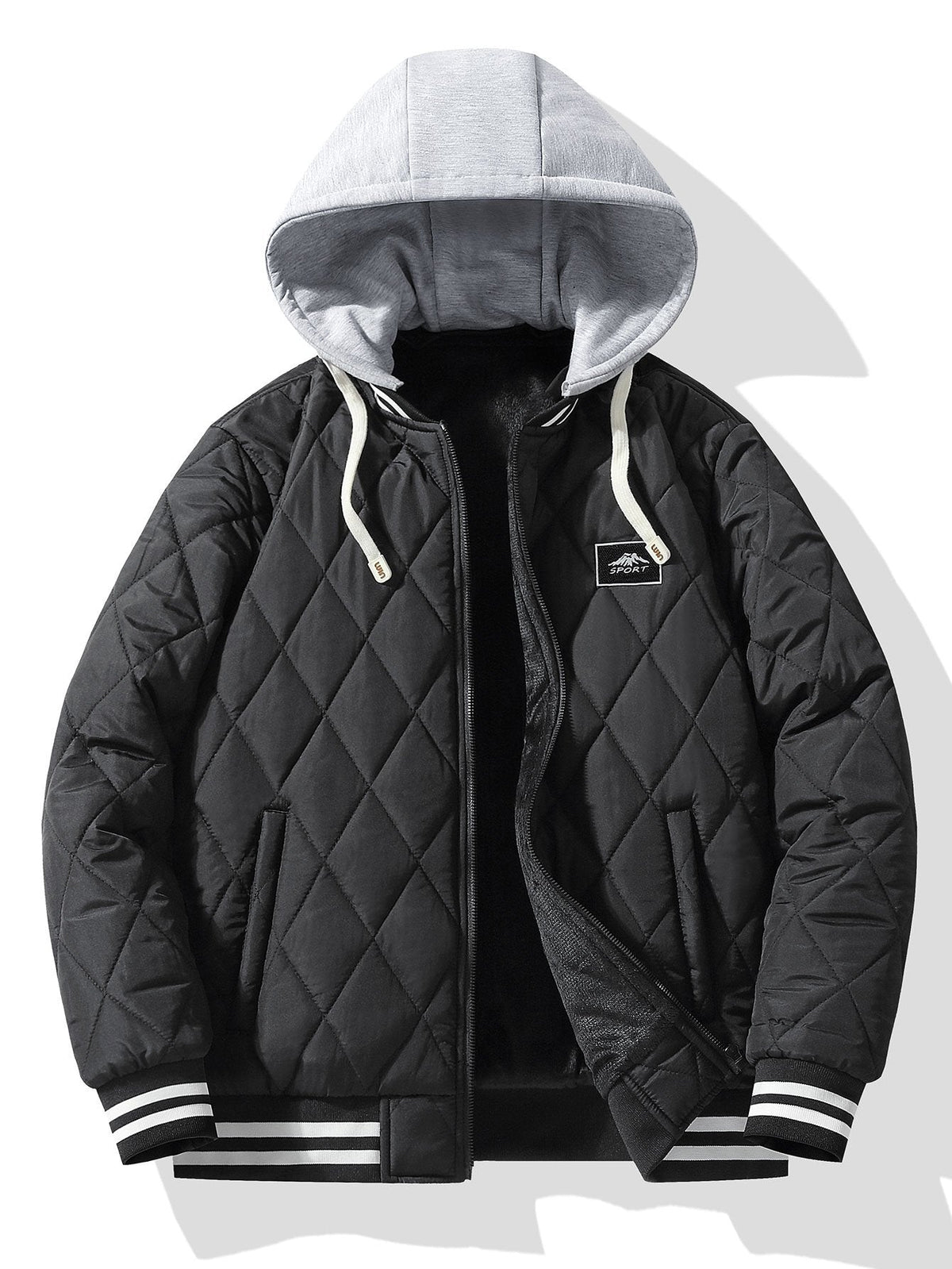 Men's Teddy-Lined Quilted Bomber Jacket – Diamond Stitched Winter Outerwear with Detachable Drawstring Hood and Striped Ribbed Trims