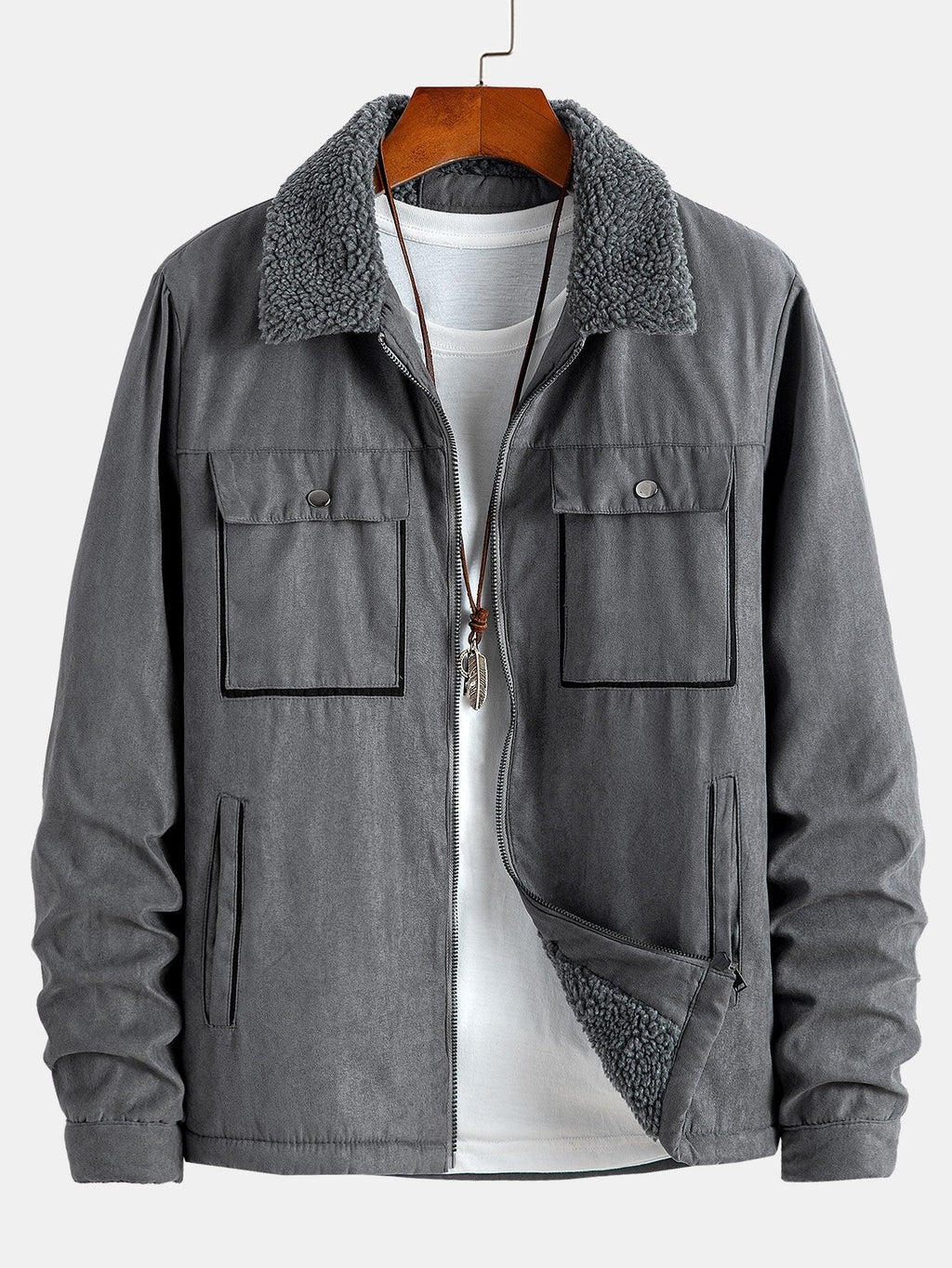 Men's Teddy-Lined Faux Suede Jacket – Warm Zip-Up Winter Outerwear with Borg Collar and Utility Pockets