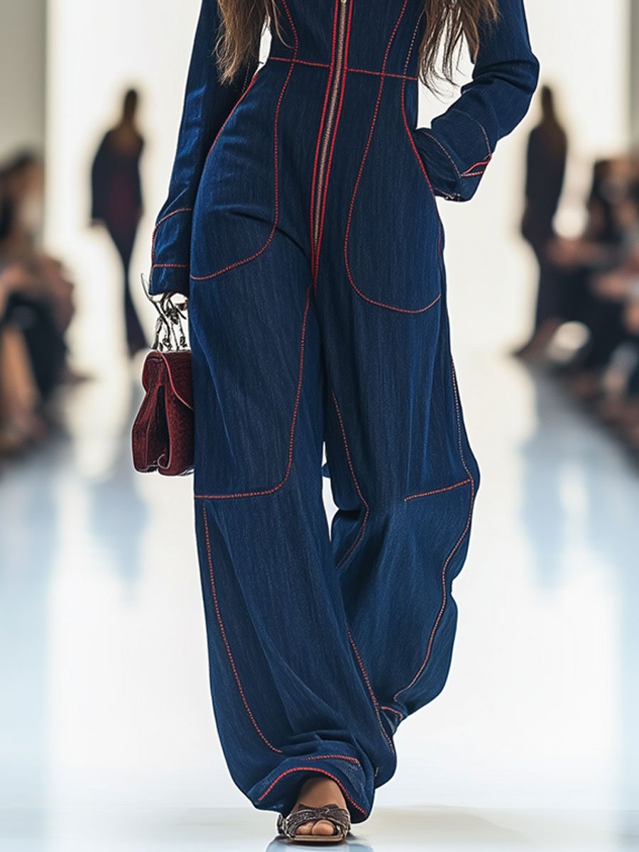 Relaxed Loose Retro Dark Blue Red-Topstitched Denim Wide-Leg Long Sleeve Jumpsuit