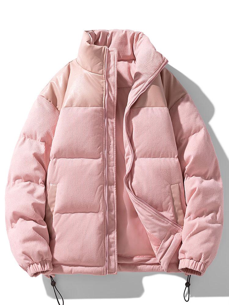 Men's Padded Corduroy Puffer Jacket – High Collar Zip-Up Winter Coat with Contrast Panels and Adjustable Hem