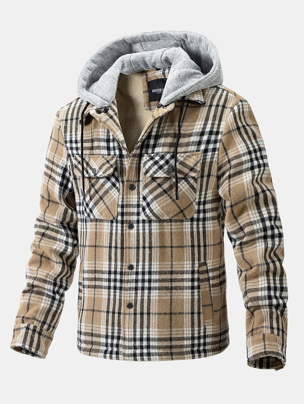 Men's Fleece-Lined Flannel Jacket with Detachable Hood – Warm Button-Up Outerwear for Autumn and Winter