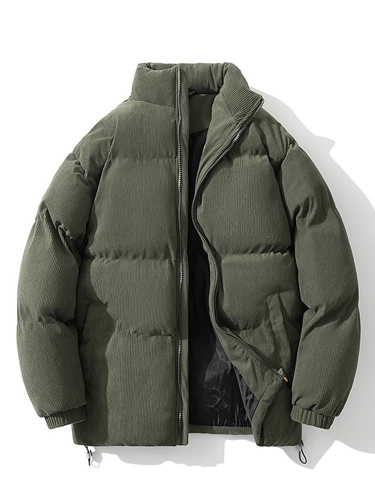 Men's Corduroy Puffer Jacket with High Collar – Warm Padded Zip-Up Winter Outerwear