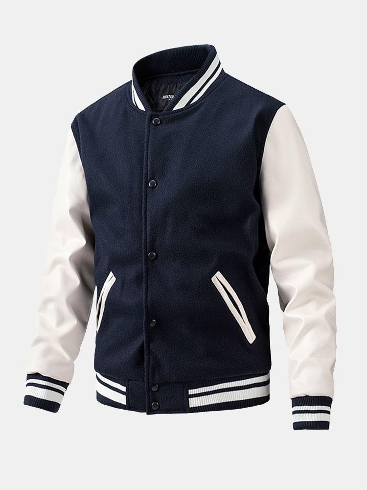 Men's Wool-Look Varsity Bomber Jacket with Faux Leather Sleeves – Classic College Style Outerwear for Autumn and Spring
