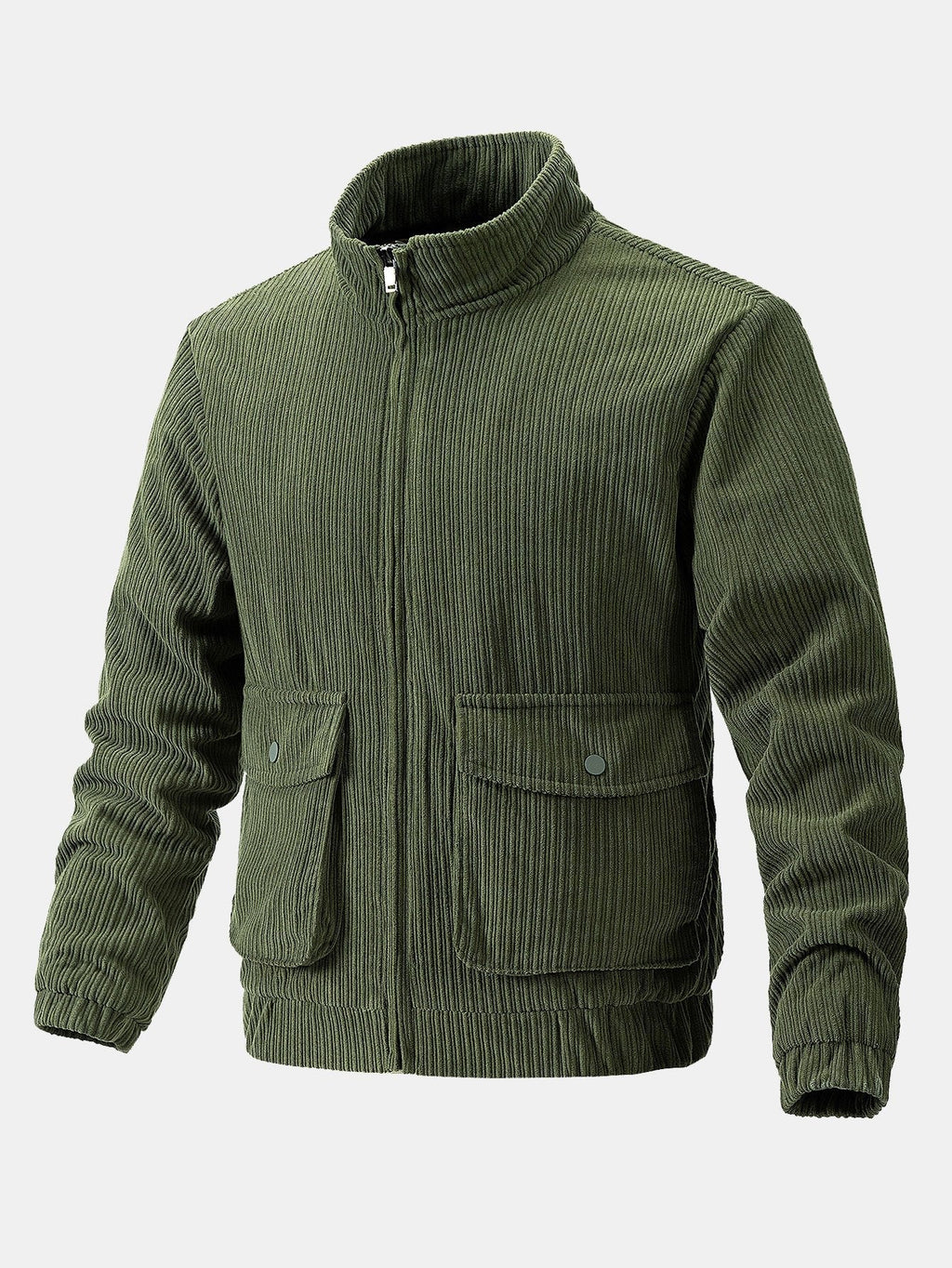 Men's Corduroy Funnel Neck Jacket – Textured Zip-Up Casual Outerwear with Utility Pockets for Autumn and Winter