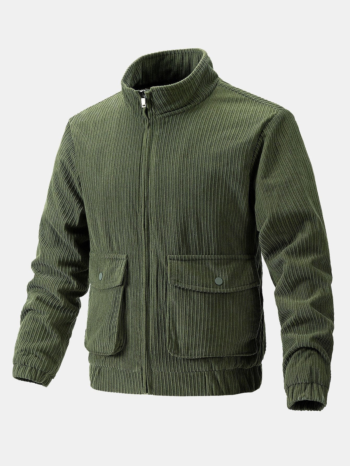 Men's Corduroy Funnel Neck Jacket – Textured Zip-Up Casual Outerwear with Utility Pockets for Autumn and Winter