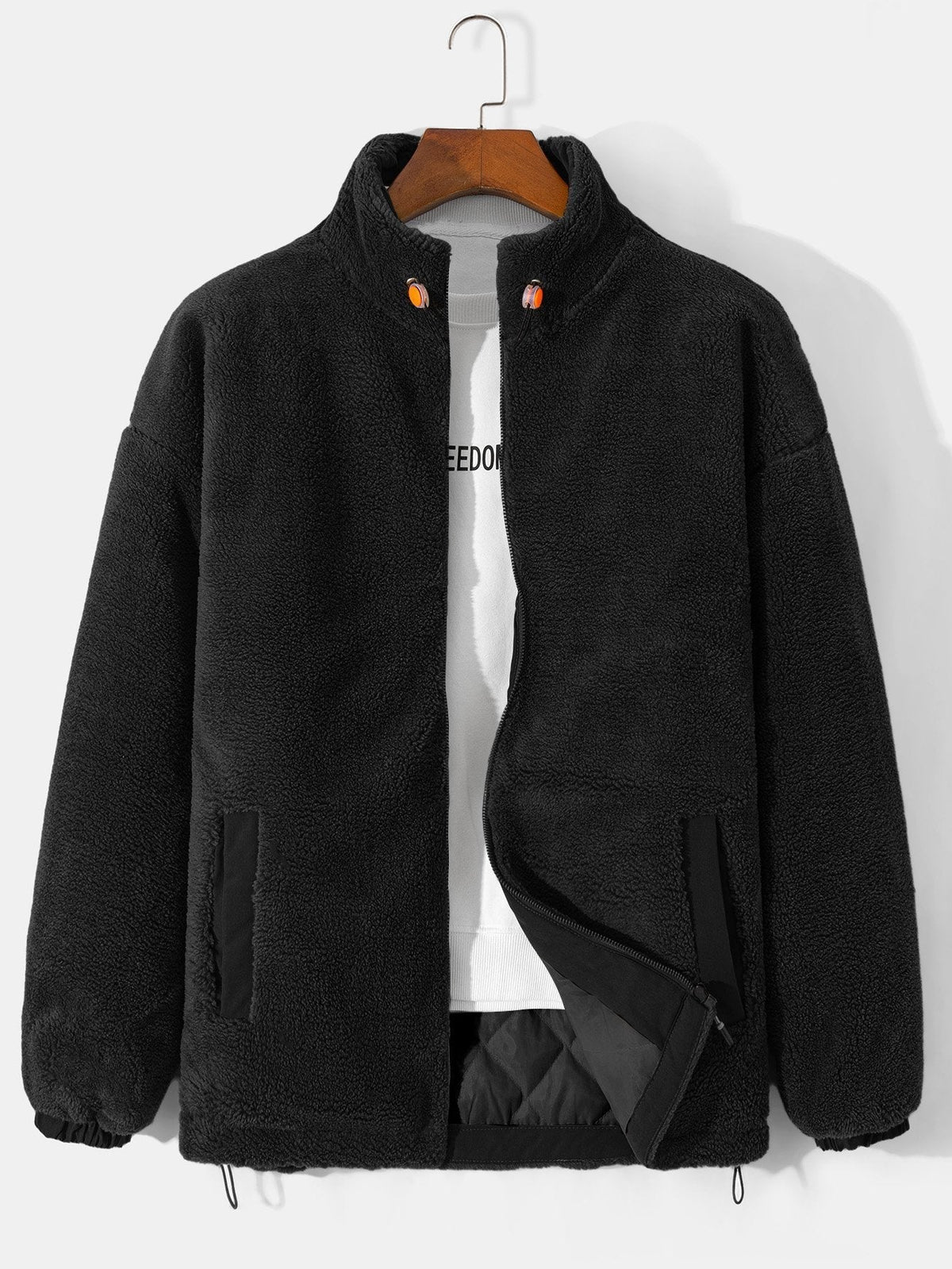 Men's Quilted-Lined Teddy Fleece Jacket – Warm Zip-Up Winter Outerwear with Stand Collar and Practical Side Pockets