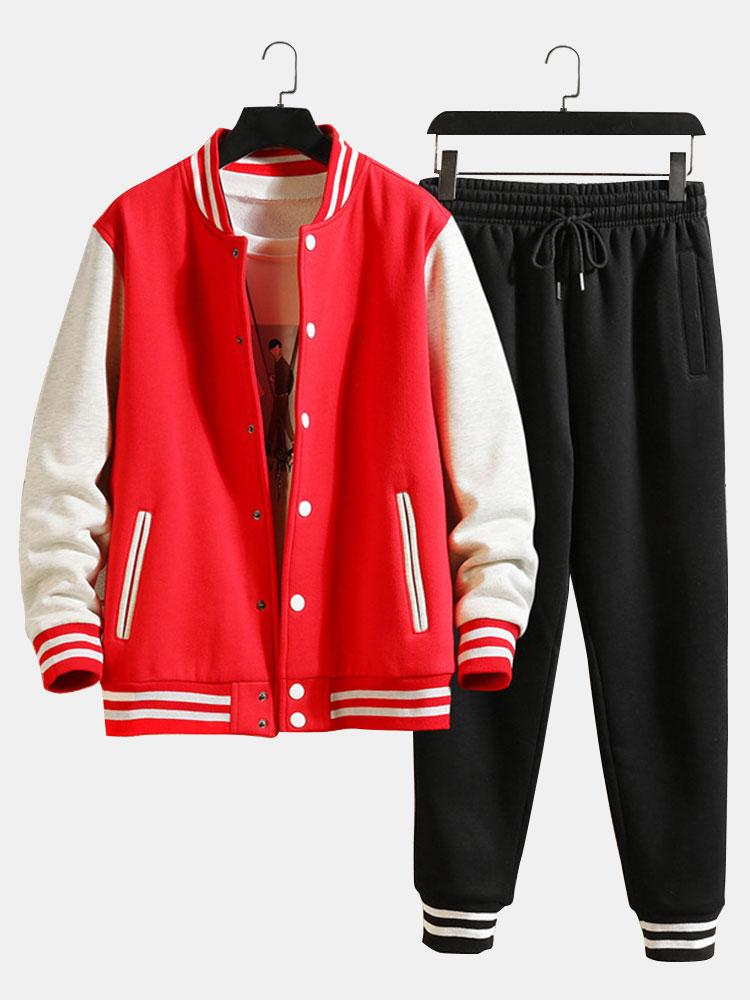 Men's Contrast Sleeve Varsity Jacket and Jogger Set – Classic Baseball Style Two-Piece Tracksuit for Casual Streetwear