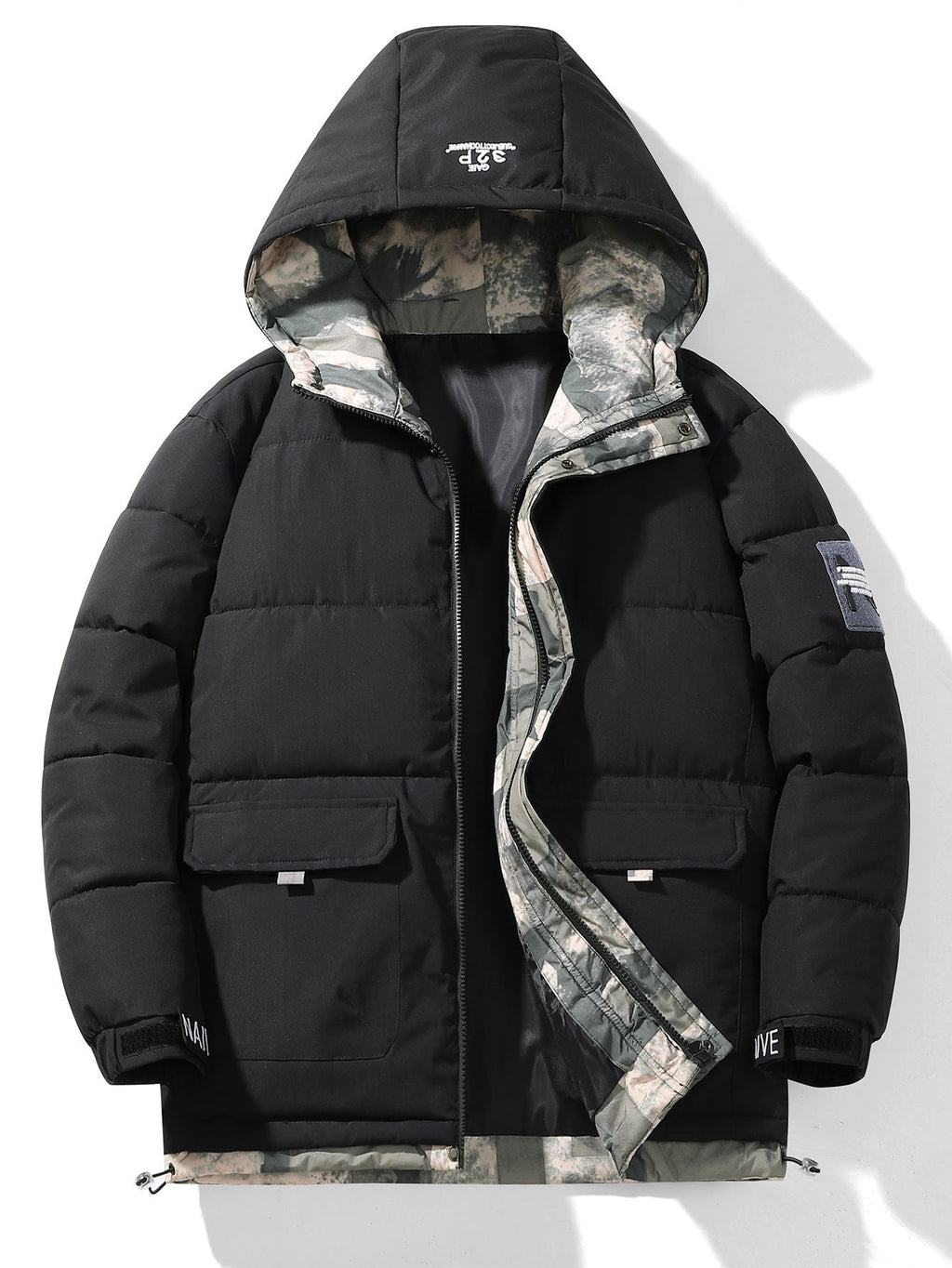 Men's Hooded Puffer Parka Jacket – Warm Padded Winter Coat with Camouflage Trim and Utility Pockets