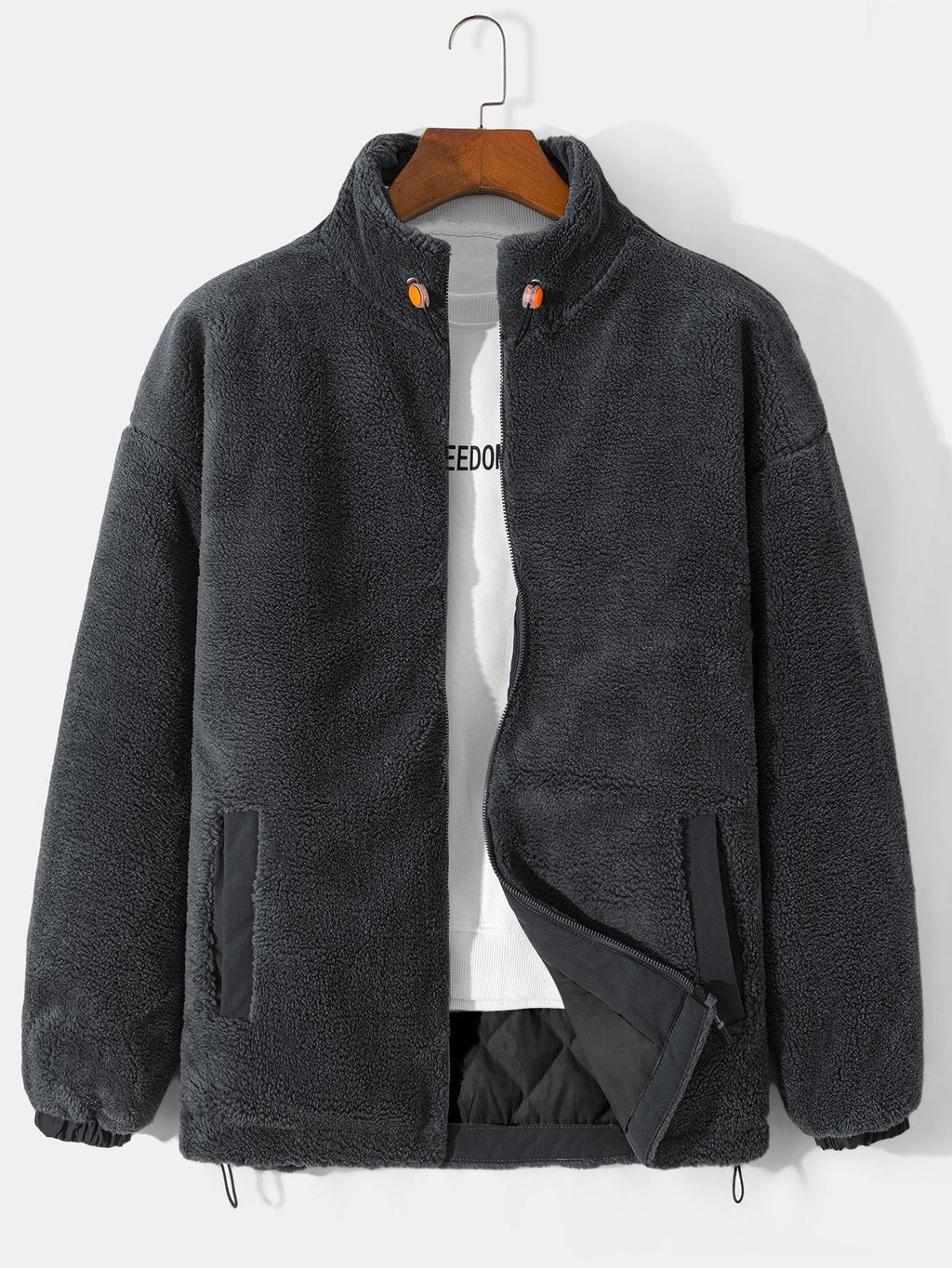 Men's Quilted-Lined Teddy Fleece Jacket – Warm Zip-Up Winter Outerwear with Stand Collar and Practical Side Pockets