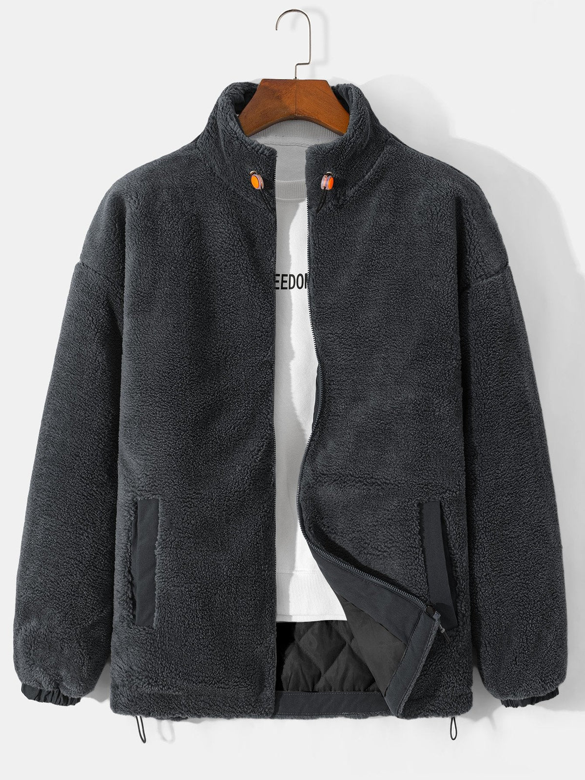 Men's Quilted-Lined Teddy Fleece Jacket – Warm Zip-Up Winter Outerwear with Stand Collar and Practical Side Pockets