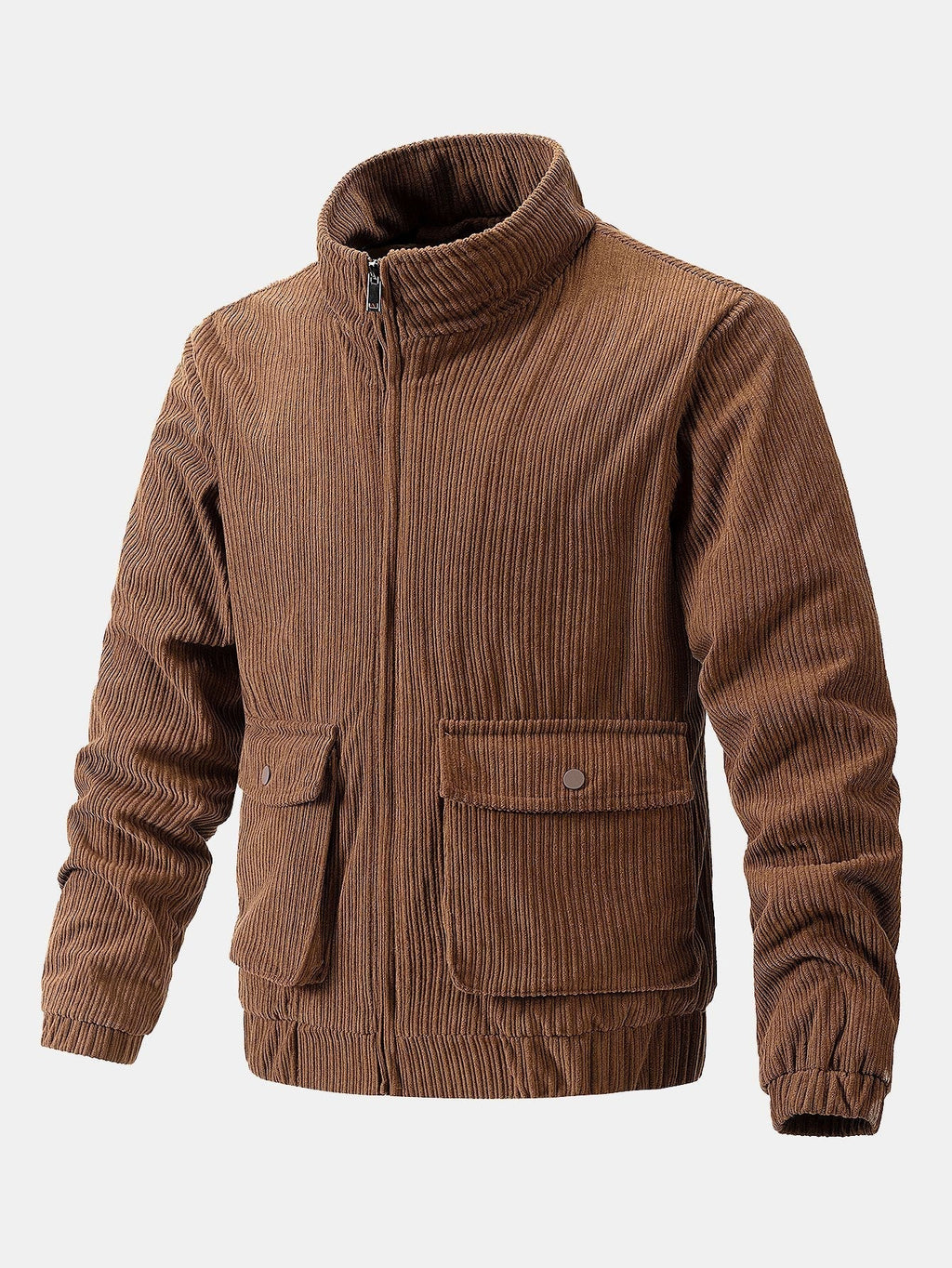 Men's Corduroy Funnel Neck Jacket – Textured Zip-Up Casual Outerwear with Utility Pockets for Autumn and Winter