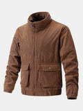 Men's Corduroy Funnel Neck Jacket – Textured Zip-Up Casual Outerwear with Utility Pockets for Autumn and Winter